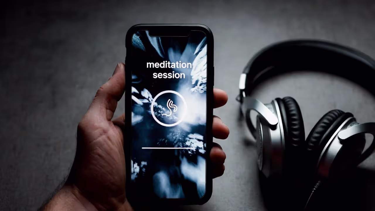 Smartphone showing a guided meditation timer with headphones nearby