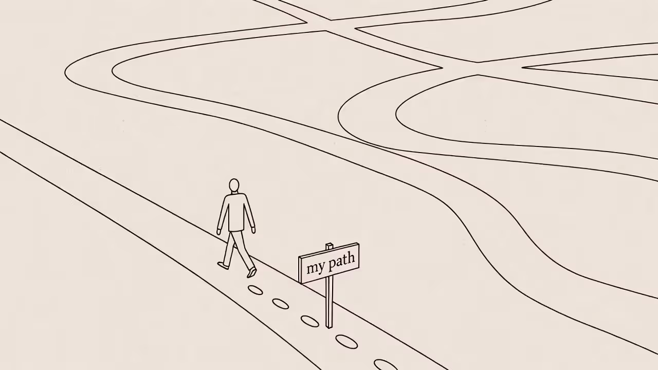 Person walking their own path alongside others without competing