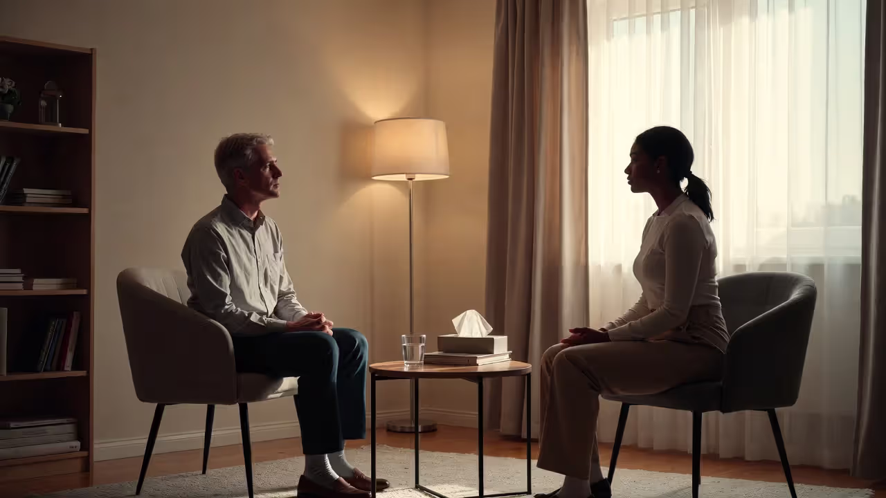 Client speaking with therapist in calm counseling office