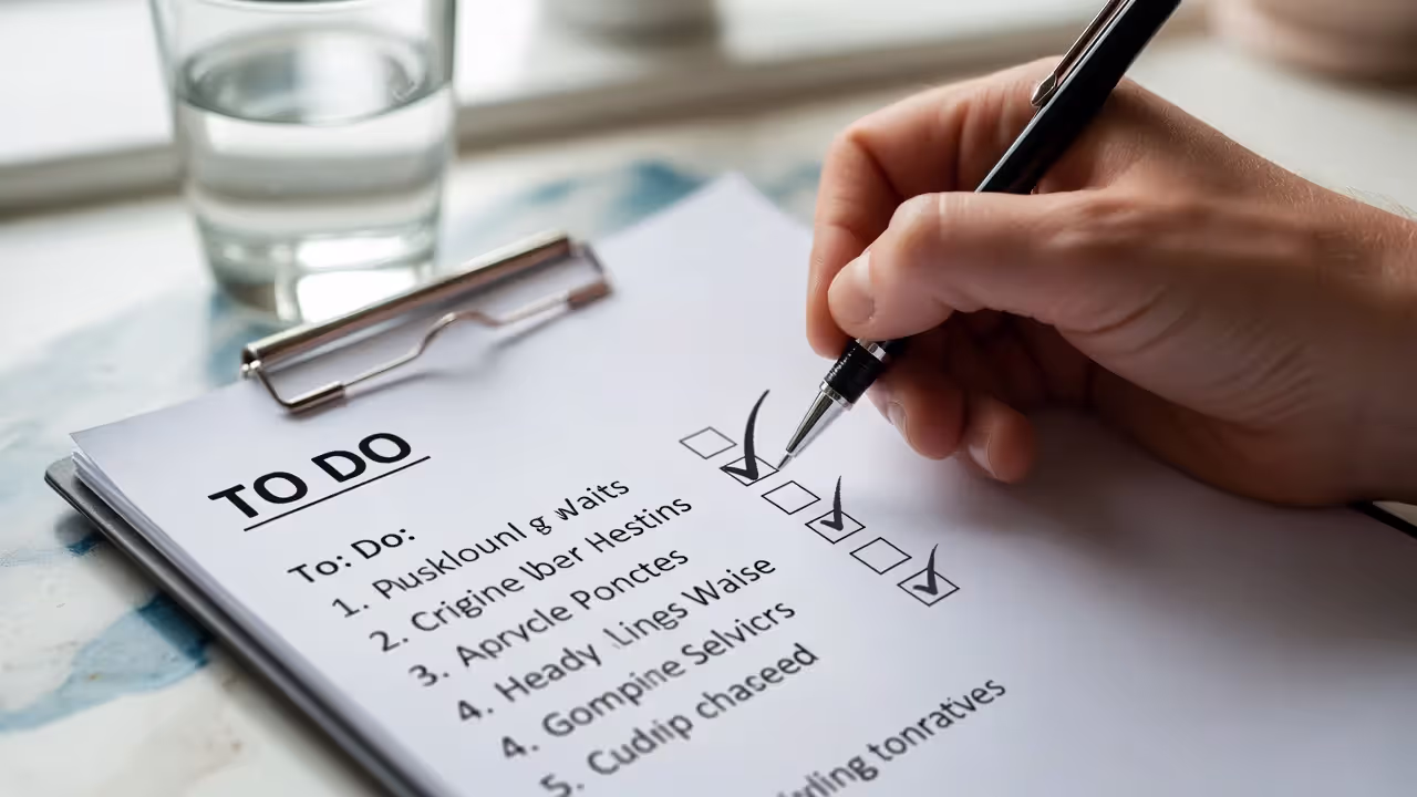 Hand marking a small checkbox on a simple to-do list in soft daylight