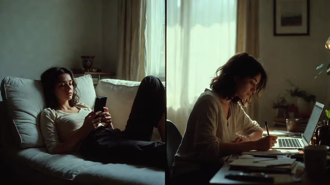 Split scene showing passive phone use versus purposeful creative activity