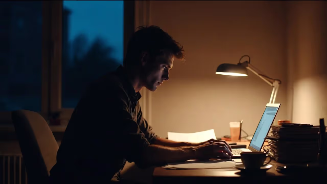 Exhausted professional working late at night under a desk lamp, showing signs of burnout