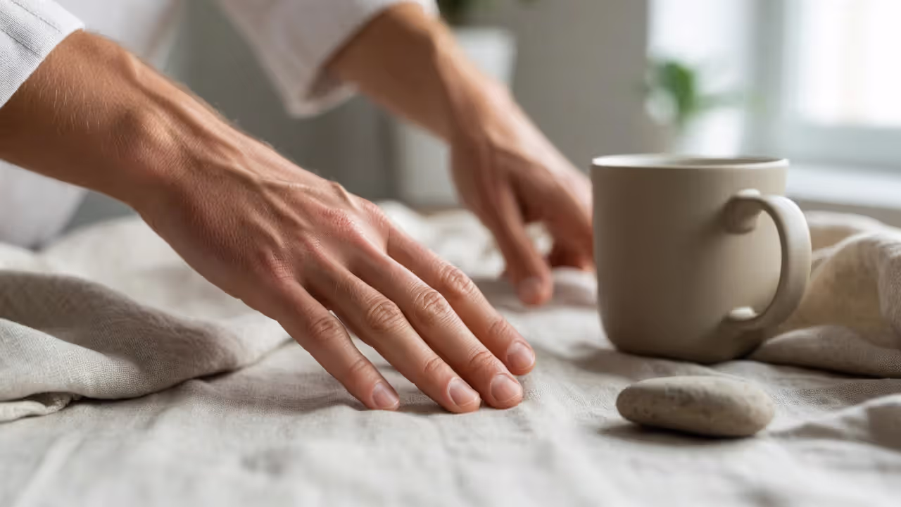 Close-up of hands grounding through touch with simple objects on a table in daylight.